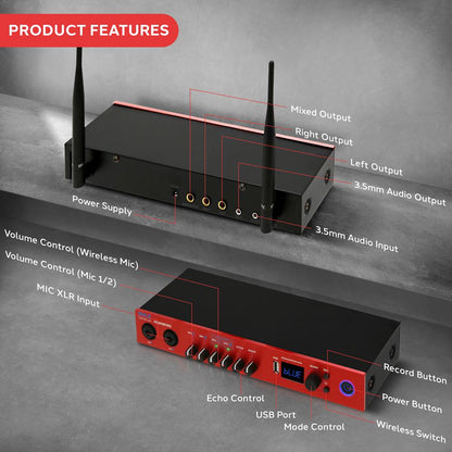 UHF Wireless Microphone System 165ft Range Bluetooth Red