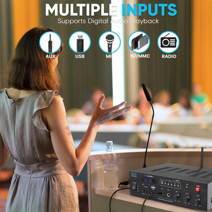 300W Bluetooth Karaoke Amplifier - Wireless Streaming, 2 Mic Inputs, Blue