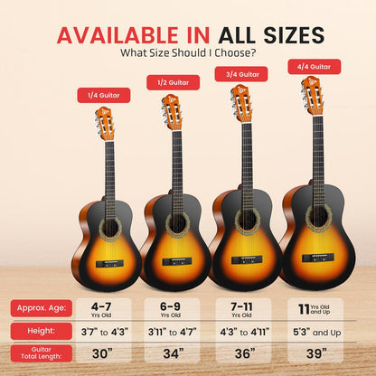 Acoustic Guitar Kit, Beginner-Friendly, 30" Sunburst, Nylon Strings
