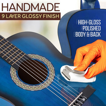 Beginner Acoustic Guitar Kit, 3/4 Size, Nylon Strings, Blue Burst