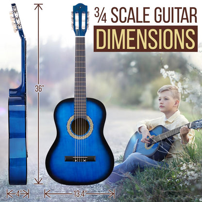 Beginner Acoustic Guitar Kit, 3/4 Size, Nylon Strings, Blue Burst