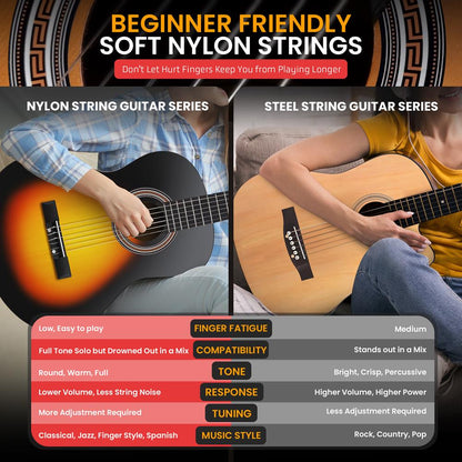 Guitare classique 30", son chaud, cordes en nylon, sunburst 