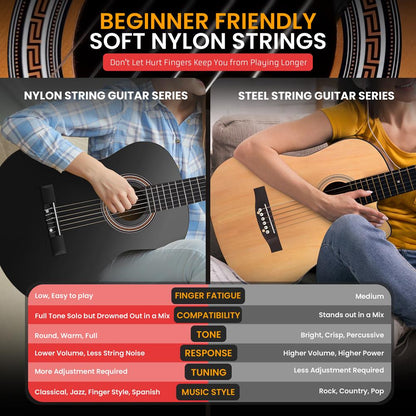 Classical Guitar Starter Kit, Warm Sound, Nylon Strings, Black Gloss