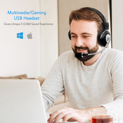 Gaming USB Headset Noise-Canceling Mic 3D 360 Sound Adjustable Headband