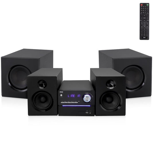 Stereo System with Bluetooth, Strong Sound, Wooden Speakers, Remote Control