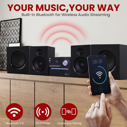 Stereo System with Bluetooth, Strong Sound, Wooden Speakers, Remote Control
