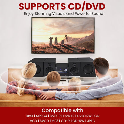 Stereo System with Bluetooth, Strong Sound, Wooden Speakers, Remote Control