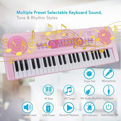 Clavier Électronique pour Enfants - Jouez et Chantez - 49 Touches, Rose 