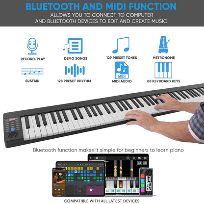 Electric Keyboard Piano 88 Keys Portable Foldable Bluetooth 128 Tones