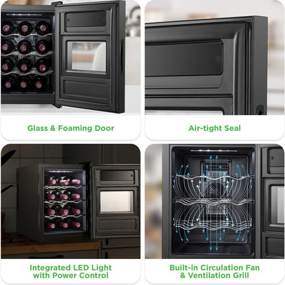 12 Bottle Wine Cooler, Adjustable Temp, Quiet Thermoelectric, Glass Door