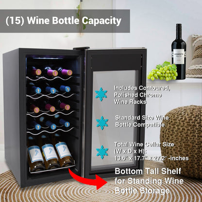 15 Bottle Wine Fridge, Adjustable Temp, Stainless Steel Door, Quiet Operation