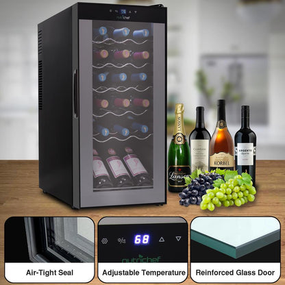 18 Bottle Wine Fridge, Adjustable Temp, Quiet, Glass Door, 30x13x17 IN