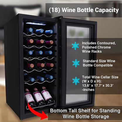 18 Bottle Wine Fridge, Adjustable Temp, Quiet, Glass Door, 30x13x17 IN