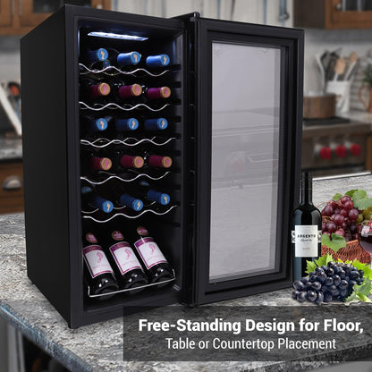 18 Bottle Wine Fridge, Adjustable Temp, Quiet, Glass Door, 30x13x17 IN