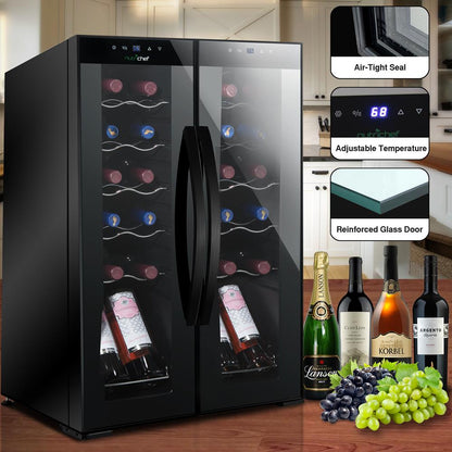 24 Bottle Wine Fridge, Dual Zone, Adjustable Temp, Glass Door, Quiet Operation