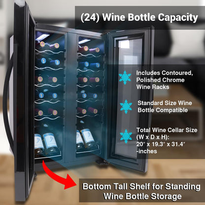 24 Bottle Wine Fridge, Dual Zone, Adjustable Temp, Glass Door, Quiet Operation