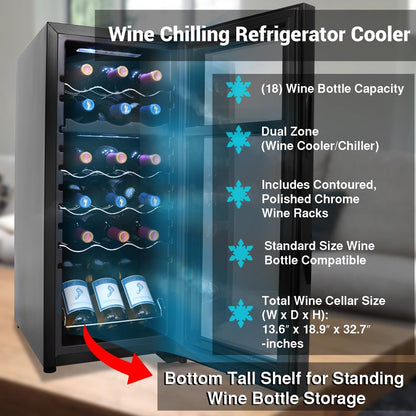 Freestanding Wine Fridge 18-Bottle Dual Zone Digital Control Glass Door