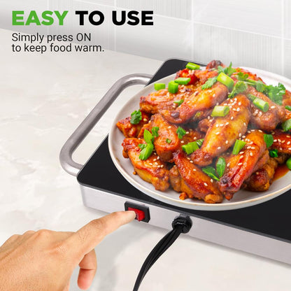 Electric Food Warmer Tray - Keeps Food Warm, Stainless Steel, Glass Top