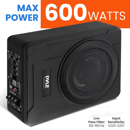 8" 600W Slim Car Subwoofer System - Built-in Amp, Underseat Install