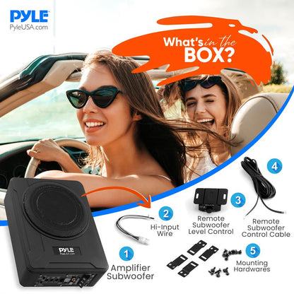 8" 600W Slim Car Subwoofer System - Built-in Amp, Underseat Install