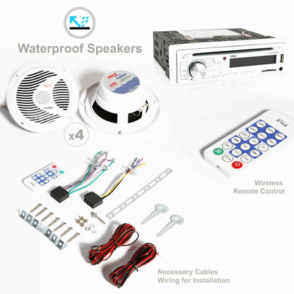 Marine Stereo Kit, Hands-Free Bluetooth, 4 Waterproof Speakers, White