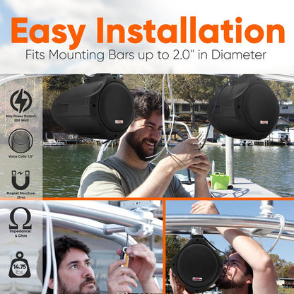 6.5" Dual Marine Speakers, 200W Waterproof, Poly Mica Cone, Black