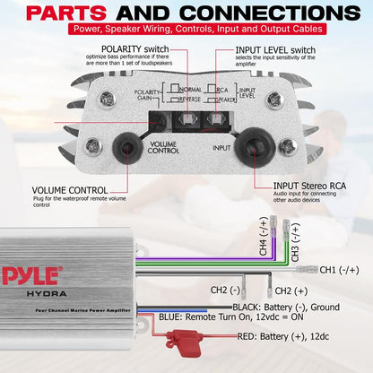 Marine Amplifier 400W Waterproof 4-Channel RCA Input Remote Control