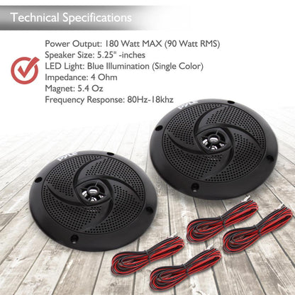 Marine Speakers 180W Waterproof LED Lights Slim Design Blue
