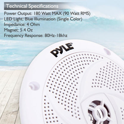 Marine Speakers Waterproof 180W LED Lights Low-Profile 5.25" Pair