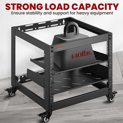 10U Open Frame Server Rack - Heavy-Duty Steel, Lockable Wheels, 440 lbs Capacity