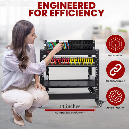 10U Open Frame Server Rack - Heavy-Duty Steel, Lockable Wheels, 440 lbs Capacity