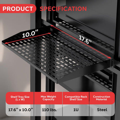 2-Pc 1U Server Rack Shelf, Vented Steel, 110 lbs Capacity