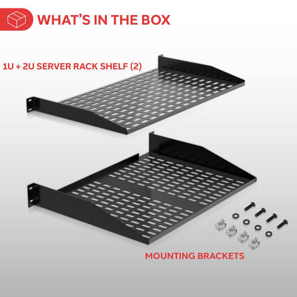 2U Server Rack Shelf 2 Pack - 110lbs Capacity, Vented Steel