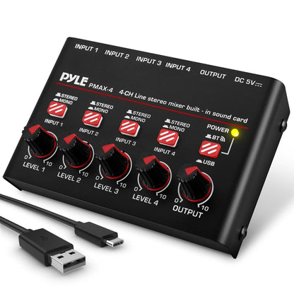 4-Channel Bluetooth Mixer - Wireless Streaming - USB-C Sound Card - Compact