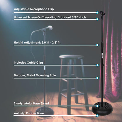 Adjustable Mic Stand - Height Adjustable, Sturdy Metal Base, 2.8'-5'