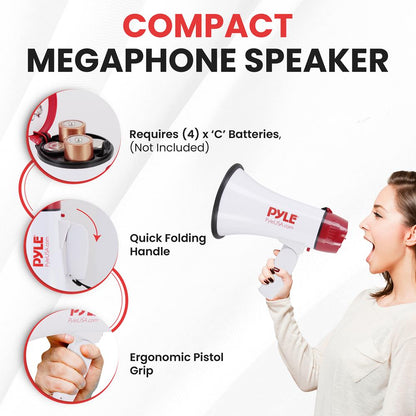 20W Megaphone Bullhorn, 800-Yard Range, Siren Mode, White