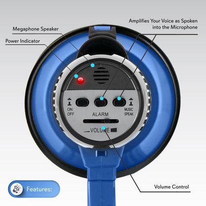 Compact Megaphone with Siren, 30W Power, Foldable Handle, Blue