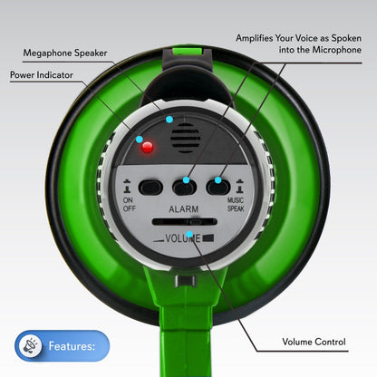 Compact Megaphone with Siren, 30W Power, Foldable Handle, Green