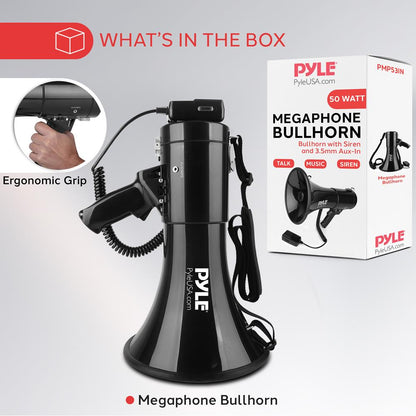 Pyle 50W Megaphone with Handheld Microphone, AUX Input & Siren