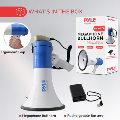 50W Megaphone Speaker, Loud Sound, Rechargeable Battery, 10-Second Record