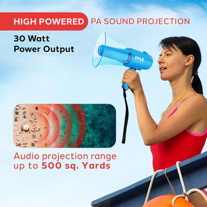 30W Megaphone Siren Speaker, Loud Sound, Rechargeable, Transparent Blue