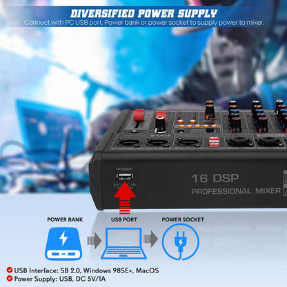 3-Channel DJ Audio Mixer - 16 DSP Effects, USB Interface, Phantom Power