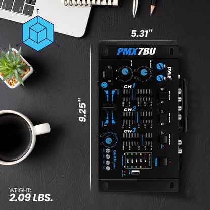 3-Channel Bluetooth DJ Mixer, Wireless Streaming, USB Reader, Blue