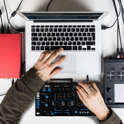 3-Channel Bluetooth DJ Mixer, Wireless Streaming, USB Reader, Blue