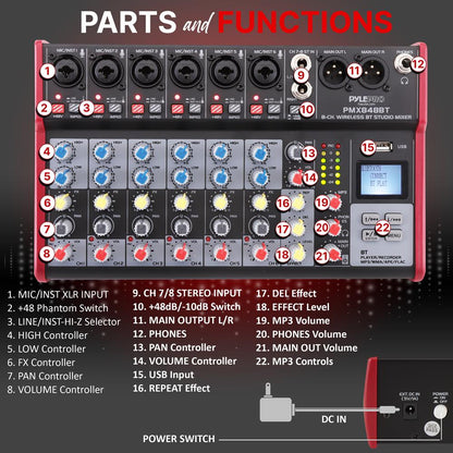8-Channel Wireless DJ Mixer - Bluetooth Streaming, USB, +48V Phantom Power