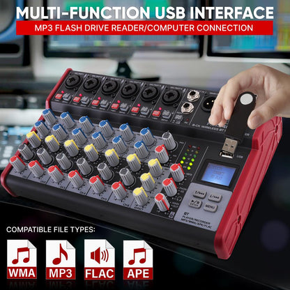 8-Channel Wireless DJ Mixer - Bluetooth Streaming, USB, +48V Phantom Power