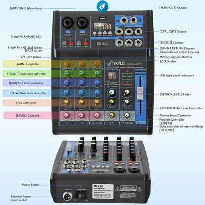 4-Ch Bluetooth Pro Audio DJ Sound Mixer - PMXU43BT