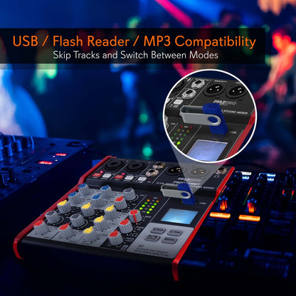 4-Channel Bluetooth DJ Mixer - Pro Audio, USB Interface, Phantom Power