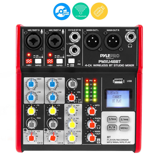 4-Channel Bluetooth DJ Mixer - Pro Audio, USB Interface, Phantom Power