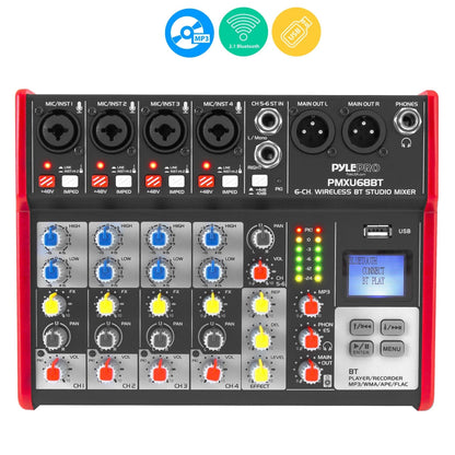 6-Channel Bluetooth DJ Mixer - Pro Audio, USB Interface, Phantom Power